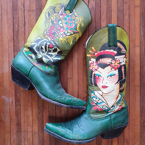 Ed Hardy Japanese Geisha print western style boots.